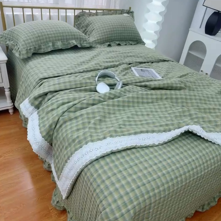 91家纺网 家纺一手货源 找家纺 暖居 2025新款全棉水洗棉床盖三件套可配同款被套同款多功能夏被四季通用 复古绿格