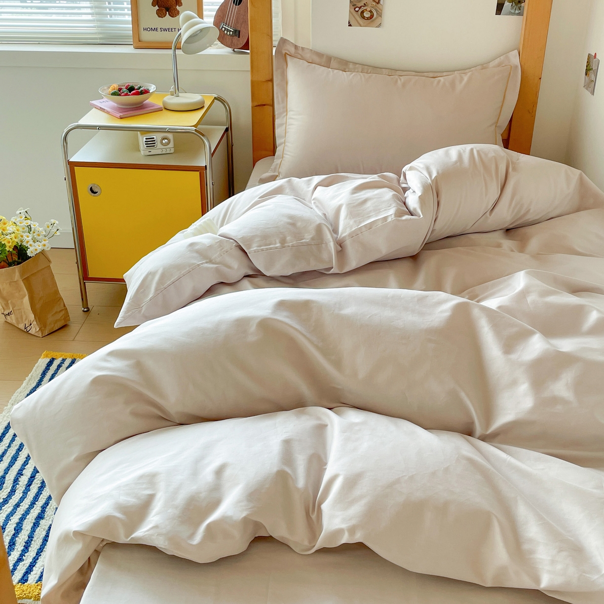 91家纺网 家纺一手货源 找家纺 恩泽家纺 2025新款全棉双拼学生宿舍三件套 米灰色