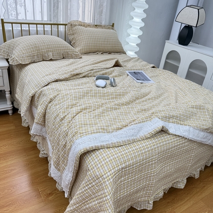 暖居 2025新款全棉水洗棉床盖三件套可配同款被套同款多功能夏被四季通用 黄小格