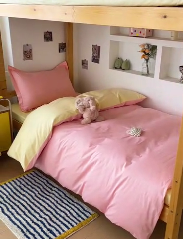 91家纺网 家纺一手货源 找家纺 恩泽家纺 2025新款全棉双拼学生宿舍三件套 玉色+鹅黄