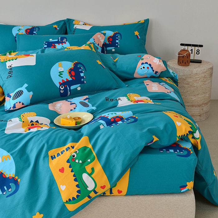 91家纺网 家纺一手货源 找家纺 登登家纺 2025新款全棉床笠四件套系列 恐龙乐园