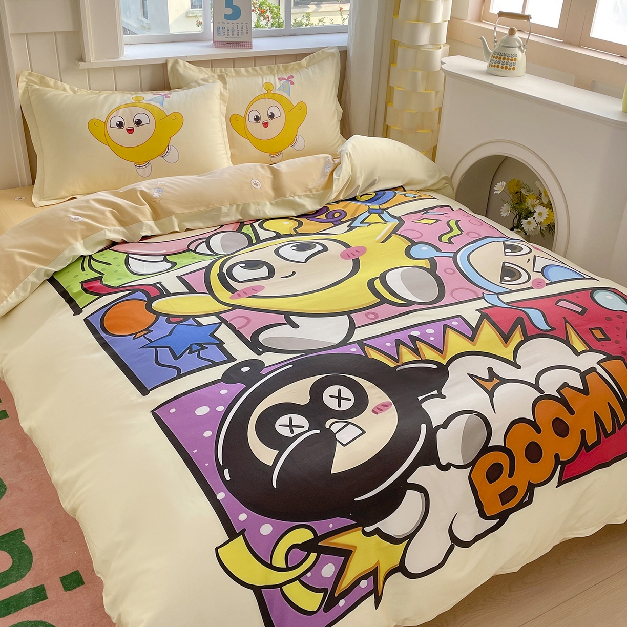 91家纺网 家纺一手货源 找家纺 浩诚 2025新款全棉纯棉大版卡通四件套 欢乐蛋仔