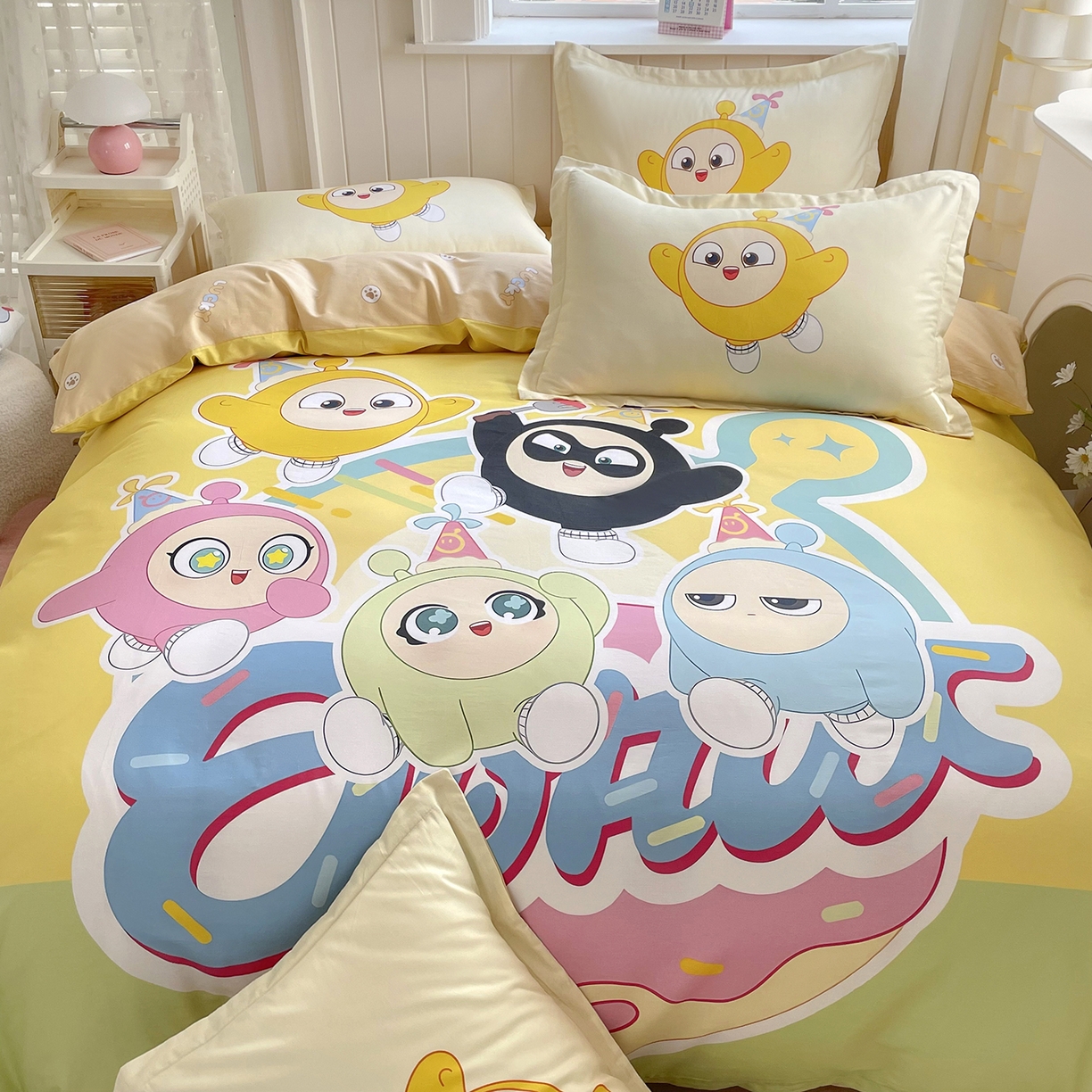 91家纺网 家纺一手货源 找家纺 浩诚 2025新款全棉纯棉大版卡通四件套 蛋仔派对