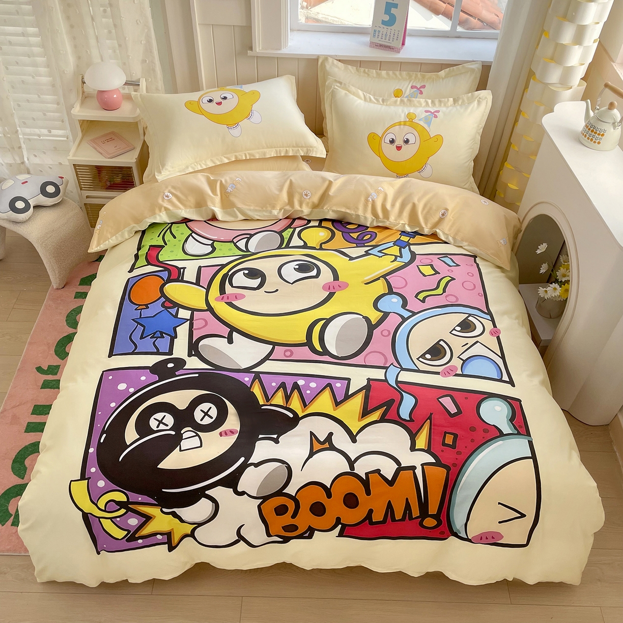 91家纺网 家纺一手货源 找家纺 浩诚 2025新款全棉纯棉大版卡通四件套 欢乐蛋仔