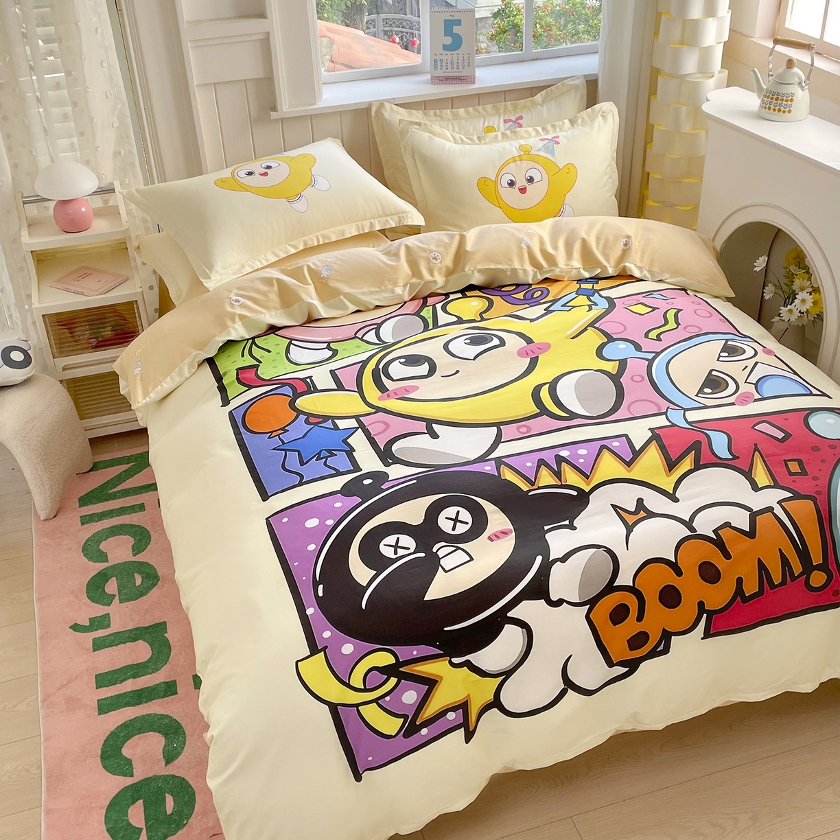 91家纺网 家纺一手货源 找家纺 浩诚 2025新款全棉纯棉大版卡通四件套 欢乐蛋仔