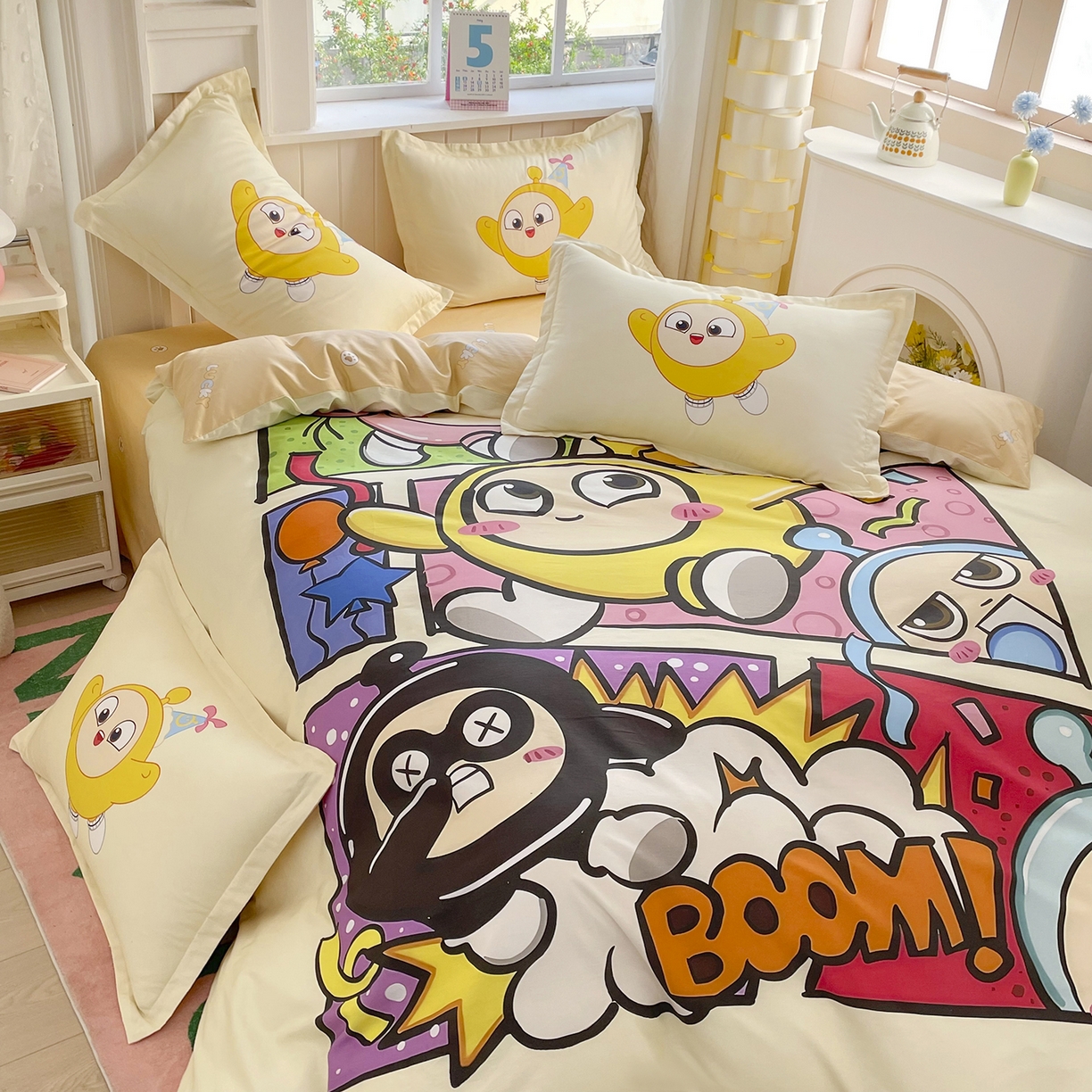 91家纺网 家纺一手货源 找家纺 浩诚 2025新款全棉纯棉大版卡通四件套 欢乐蛋仔