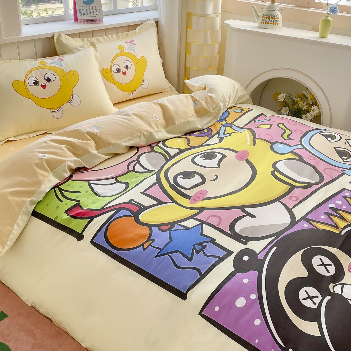 91家纺网 家纺一手货源 找家纺 浩诚 2025新款全棉纯棉大版卡通四件套 欢乐蛋仔