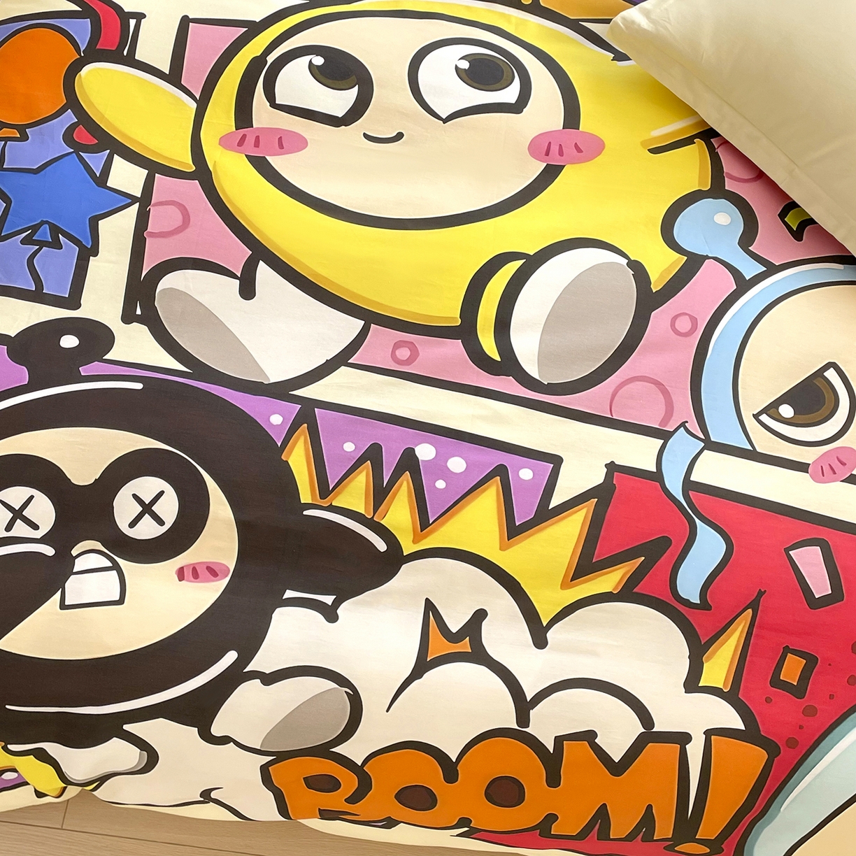 91家纺网 家纺一手货源 找家纺 浩诚 2025新款全棉纯棉大版卡通四件套 欢乐蛋仔