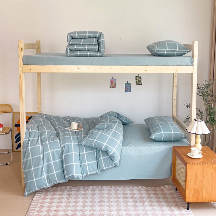 玖弘家居 2025新款全棉纯棉色织水洗棉学生宿舍三件套四件套上下铺三件套 海蓝格