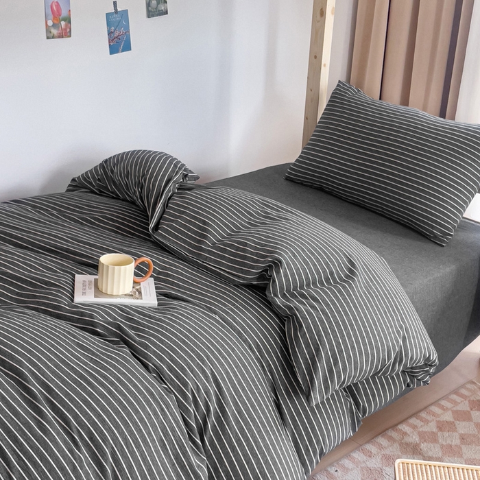 91家纺网 家纺一手货源 找家纺 玖弘家居 2025新款全棉纯棉色织水洗棉学生宿舍三件套四件套上下铺三件套 灰细条