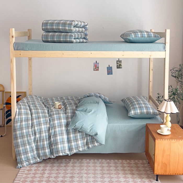 玖弘家居 2025新款全棉纯棉色织水洗棉学生宿舍三件套四件套上下铺三件套 简兮蓝