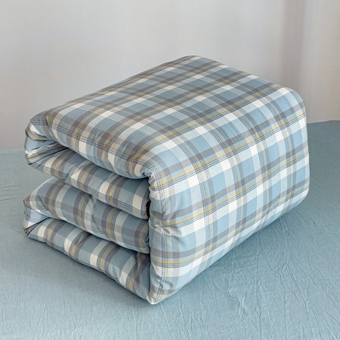 91家纺网 家纺一手货源 找家纺 玖弘家居 2025新款全棉纯棉色织水洗棉学生宿舍三件套四件套上下铺三件套 简兮蓝