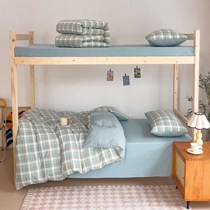 玖弘家居 2025新款全棉纯棉色织水洗棉学生宿舍三件套四件套上下铺三件套 简兮绿