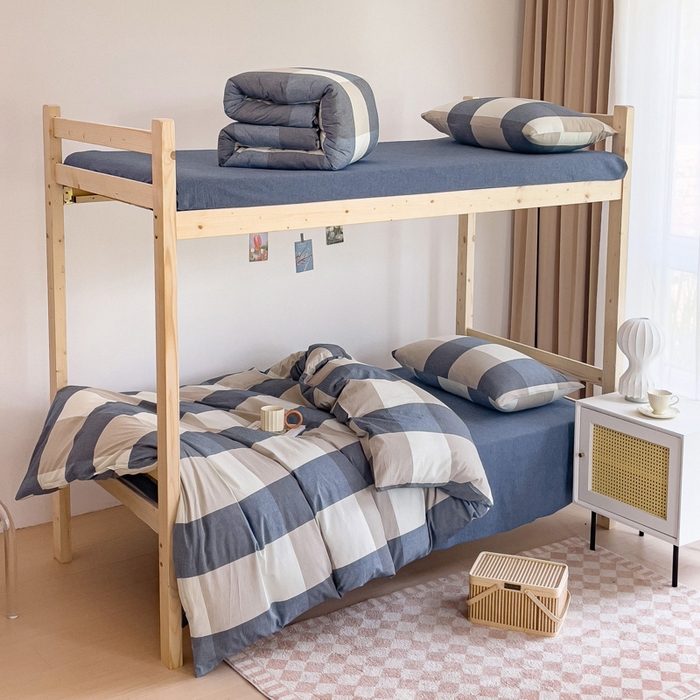 91家纺网 家纺一手货源 找家纺 玖弘家居 2025新款全棉纯棉色织水洗棉学生宿舍三件套四件套上下铺三件套 蓝大格