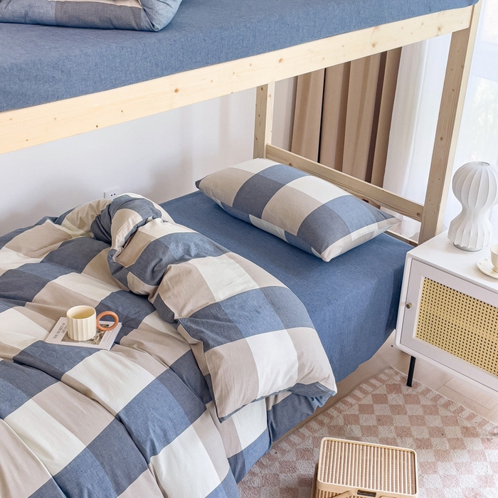 91家纺网 家纺一手货源 找家纺 玖弘家居 2025新款全棉纯棉色织水洗棉学生宿舍三件套四件套上下铺三件套 蓝大格