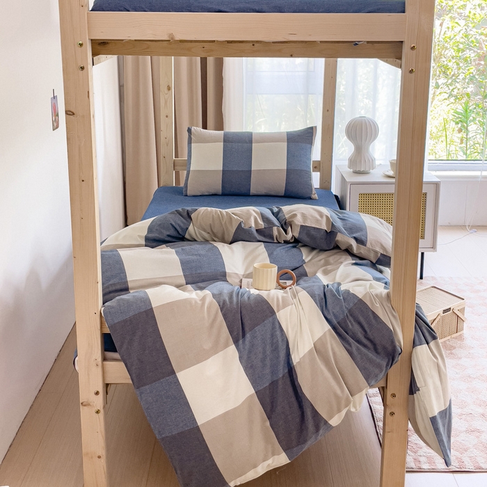 91家纺网 家纺一手货源 找家纺 玖弘家居 2025新款全棉纯棉色织水洗棉学生宿舍三件套四件套上下铺三件套 蓝大格