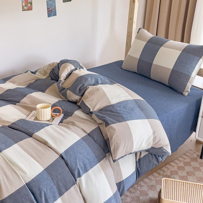 91家纺网 家纺一手货源 找家纺 玖弘家居 2025新款全棉纯棉色织水洗棉学生宿舍三件套四件套上下铺三件套 蓝大格