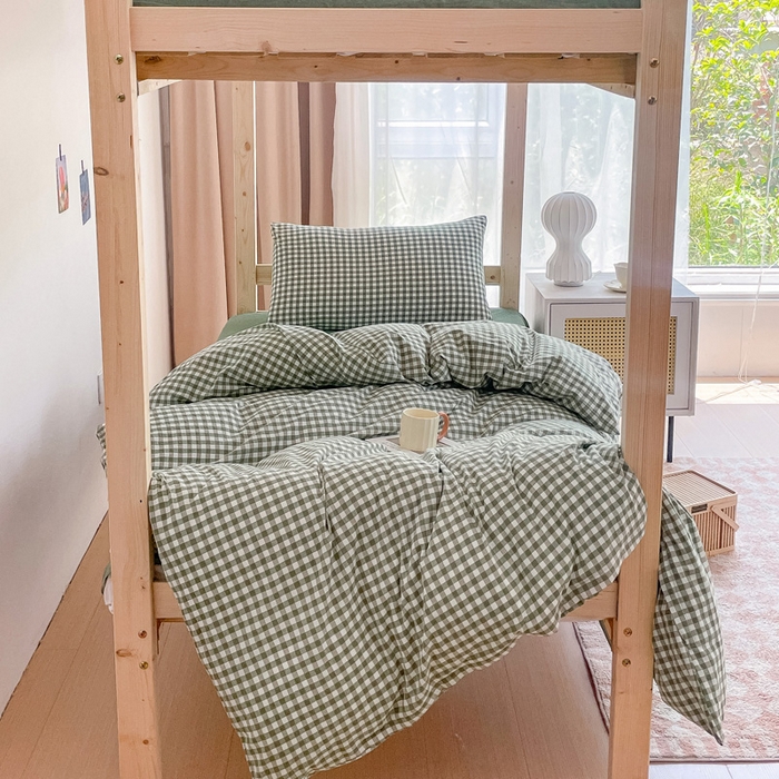 91家纺网 家纺一手货源 找家纺 玖弘家居 2025新款全棉纯棉色织水洗棉学生宿舍三件套四件套上下铺三件套 绿小格