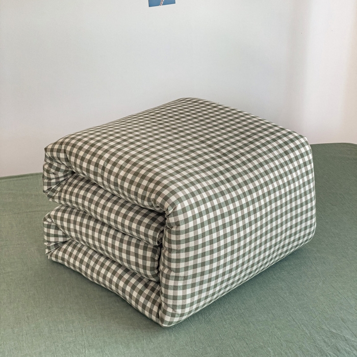 91家纺网 家纺一手货源 找家纺 玖弘家居 2025新款全棉纯棉色织水洗棉学生宿舍三件套四件套上下铺三件套 绿小格