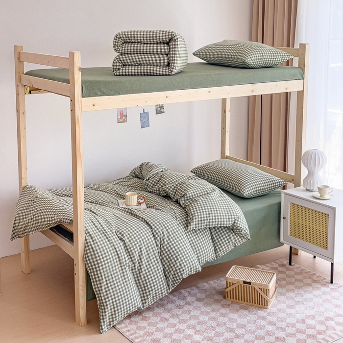 91家纺网 家纺一手货源 找家纺 玖弘家居 2025新款全棉纯棉色织水洗棉学生宿舍三件套四件套上下铺三件套 绿小格