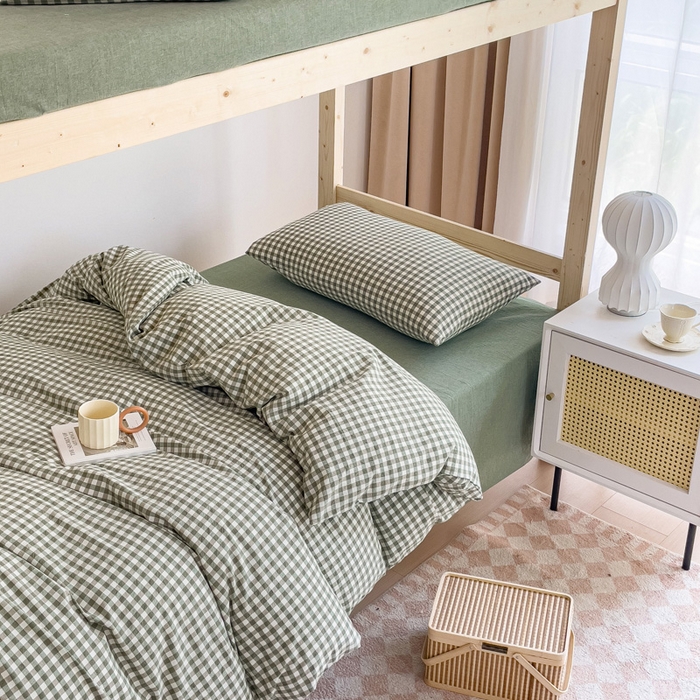 91家纺网 家纺一手货源 找家纺 玖弘家居 2025新款全棉纯棉色织水洗棉学生宿舍三件套四件套上下铺三件套 绿小格