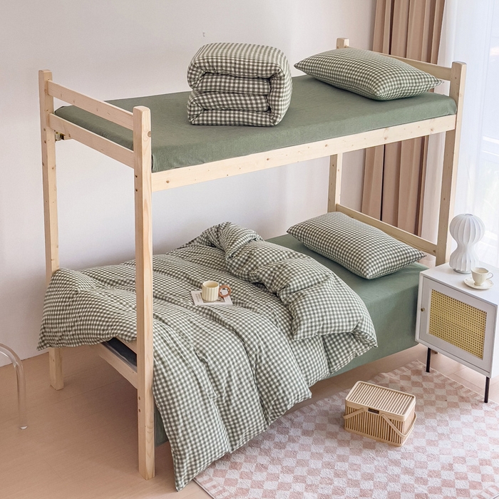 91家纺网 家纺一手货源 找家纺 玖弘家居 2025新款全棉纯棉色织水洗棉学生宿舍三件套四件套上下铺三件套 绿小格