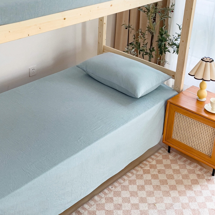 91家纺网 家纺一手货源 找家纺 玖弘家居 2025新款全棉纯棉色织水洗棉学生宿舍三件套四件套上下铺三件套 浅蓝