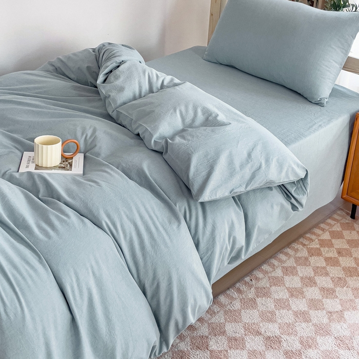 91家纺网 家纺一手货源 找家纺 玖弘家居 2025新款全棉纯棉色织水洗棉学生宿舍三件套四件套上下铺三件套 浅蓝