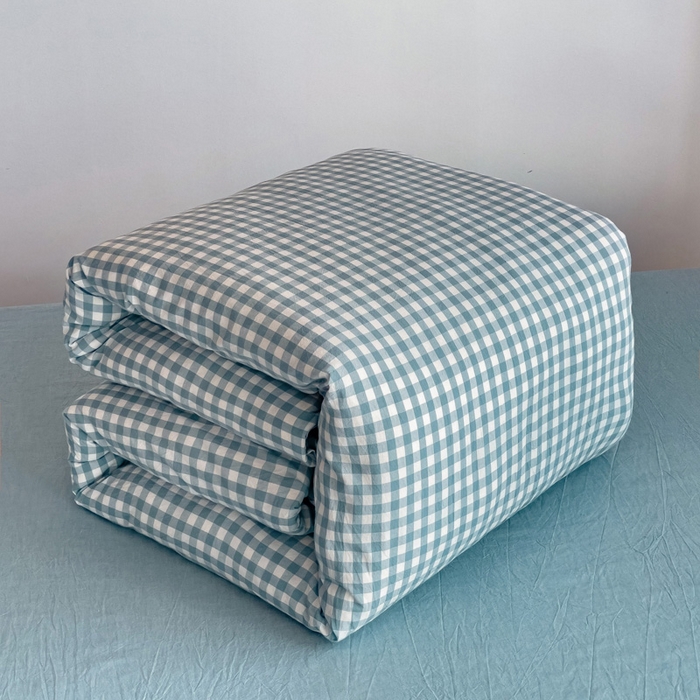 91家纺网 家纺一手货源 找家纺 玖弘家居 2025新款全棉纯棉色织水洗棉学生宿舍三件套四件套上下铺三件套 浅蓝小格