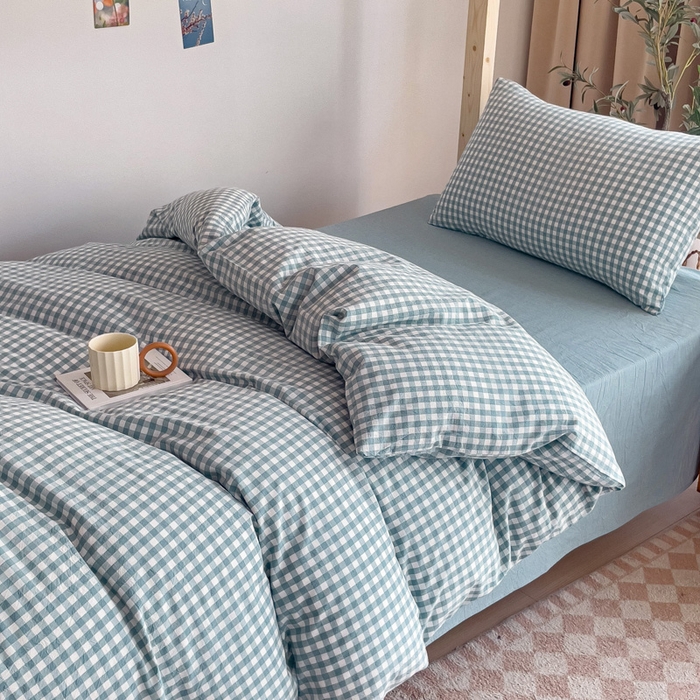 91家纺网 家纺一手货源 找家纺 玖弘家居 2025新款全棉纯棉色织水洗棉学生宿舍三件套四件套上下铺三件套 浅蓝小格