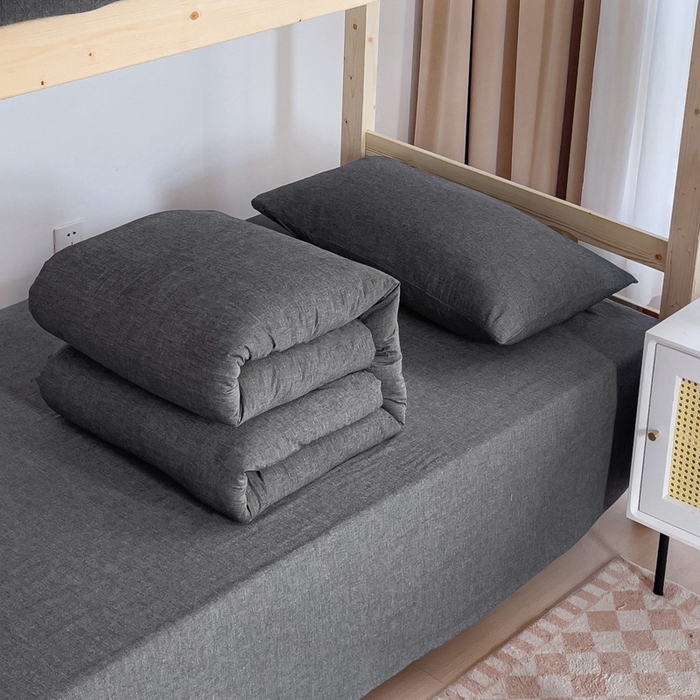 91家纺网 家纺一手货源 找家纺 玖弘家居 2025新款全棉纯棉色织水洗棉学生宿舍三件套四件套上下铺三件套 深灰