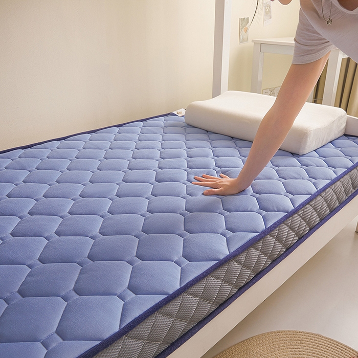 91家纺网 家纺一手货源 找家纺 亿丁点床垫 2025春夏新款牛奶丝记忆棉格子床垫 牛奶丝记忆海绵大小格子 蓝