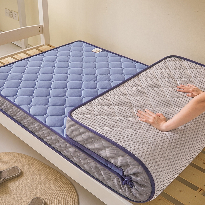 91家纺网 家纺一手货源 找家纺 亿丁点床垫 2025春夏新款牛奶丝记忆棉格子床垫 牛奶丝记忆海绵大小格子 蓝