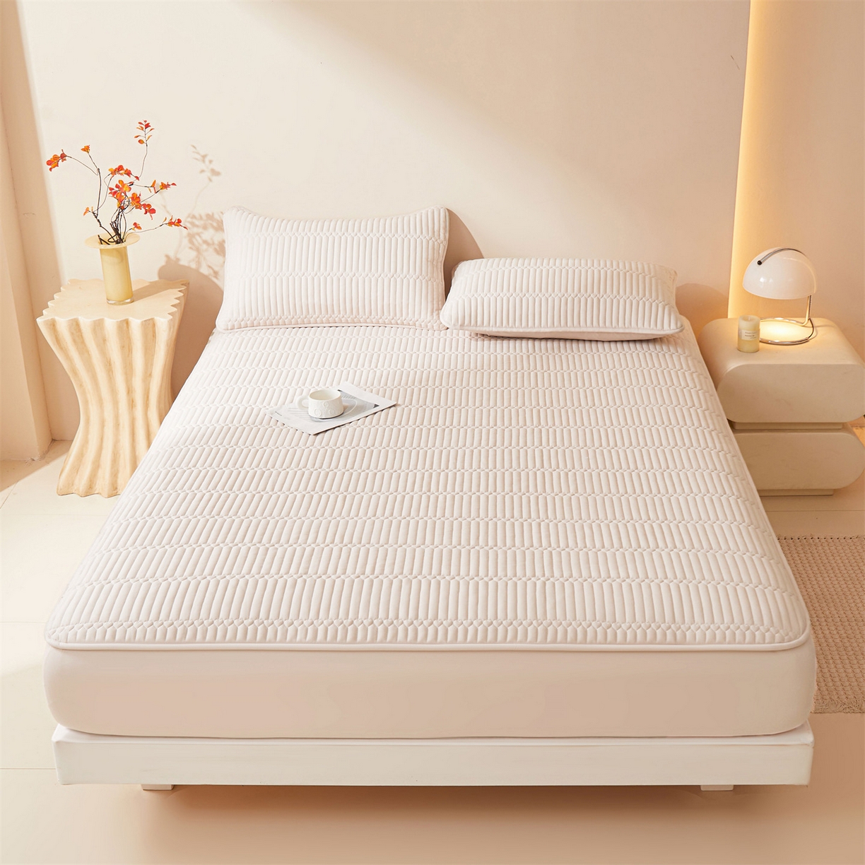 91家纺网 家纺一手货源 找家纺 雯豆家纺 2025新款简爱A类夹棉防水床笠三件套水洗棉磨毛床单保护套 简爱-奶咖