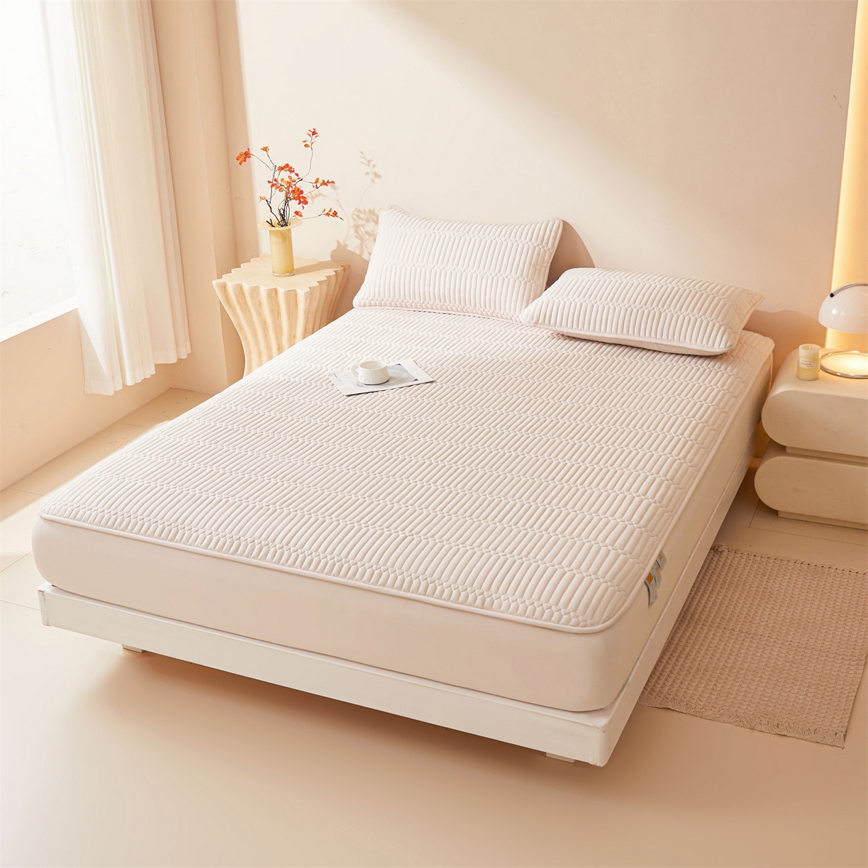 91家纺网 家纺一手货源 找家纺 雯豆家纺 2025新款简爱A类夹棉防水床笠三件套水洗棉磨毛床单保护套 简爱-奶咖