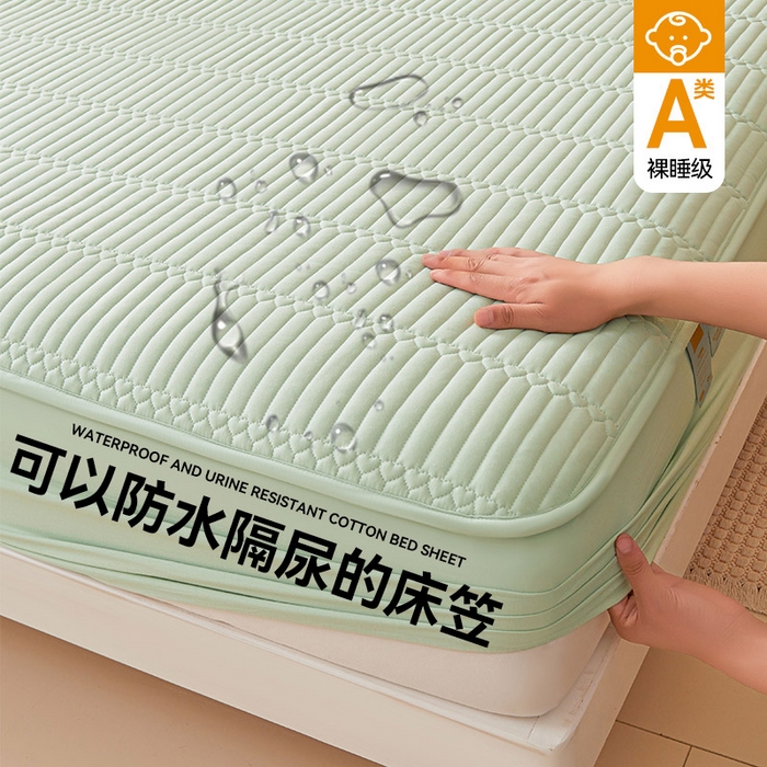 雯豆家纺 2025新款简爱A类夹棉防水床笠三件套水洗棉磨毛床单保护套 简爱-清雅绿