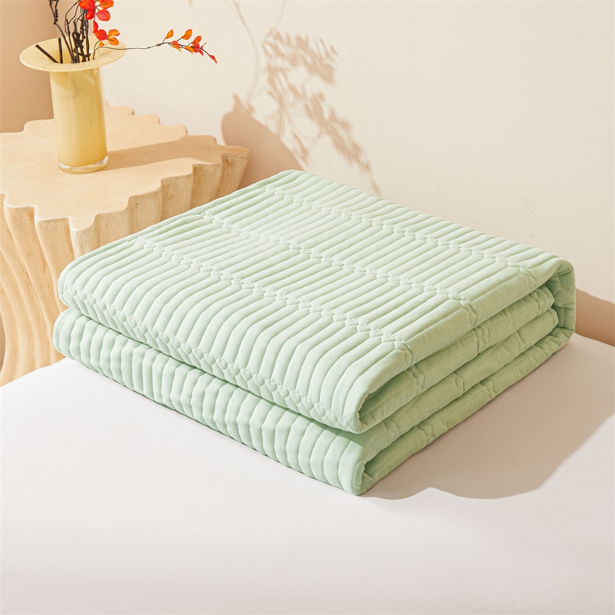 91家纺网 家纺一手货源 找家纺 雯豆家纺 2025新款简爱A类夹棉防水床笠三件套水洗棉磨毛床单保护套 简爱-清雅绿