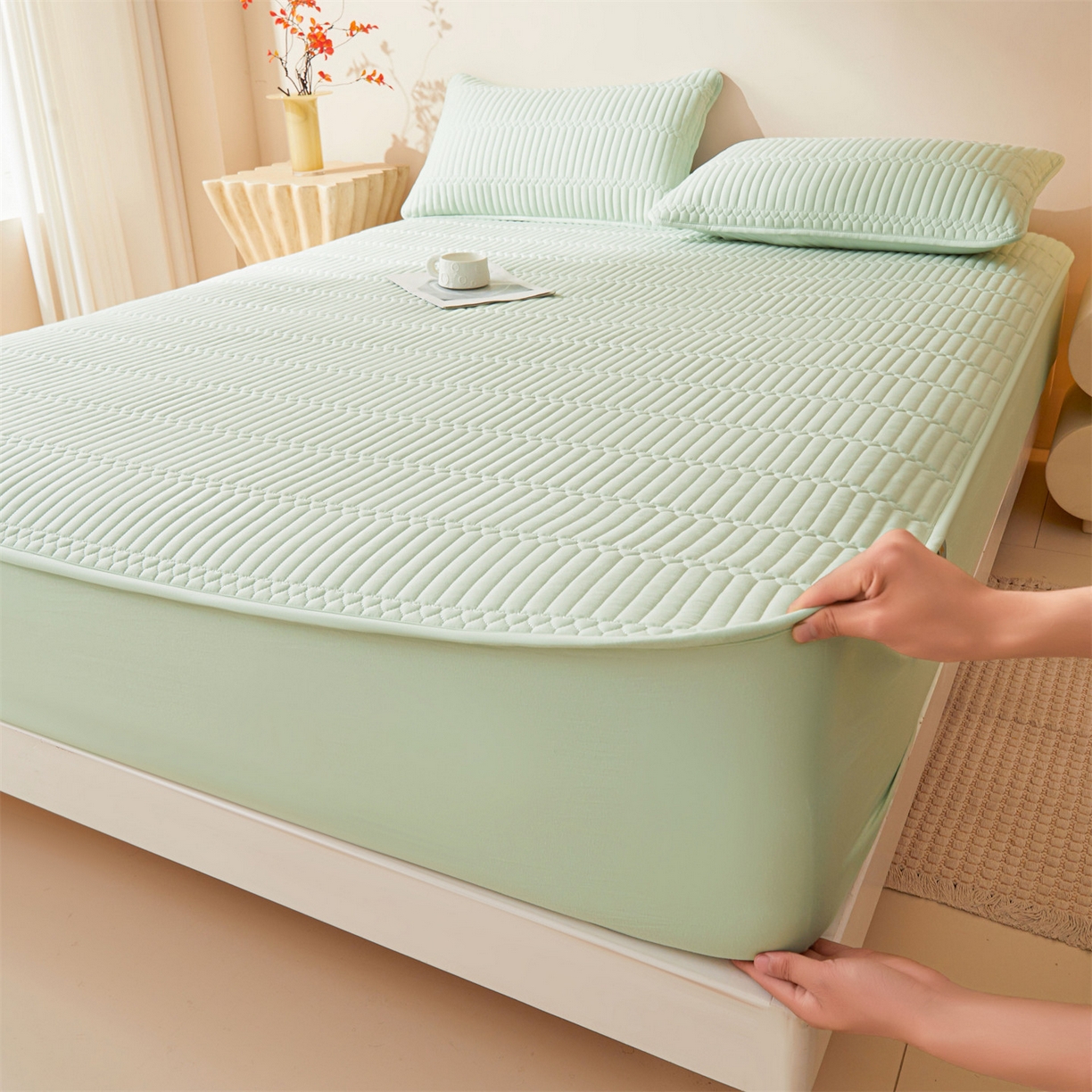 91家纺网 家纺一手货源 找家纺 雯豆家纺 2025新款简爱A类夹棉防水床笠三件套水洗棉磨毛床单保护套 简爱-清雅绿