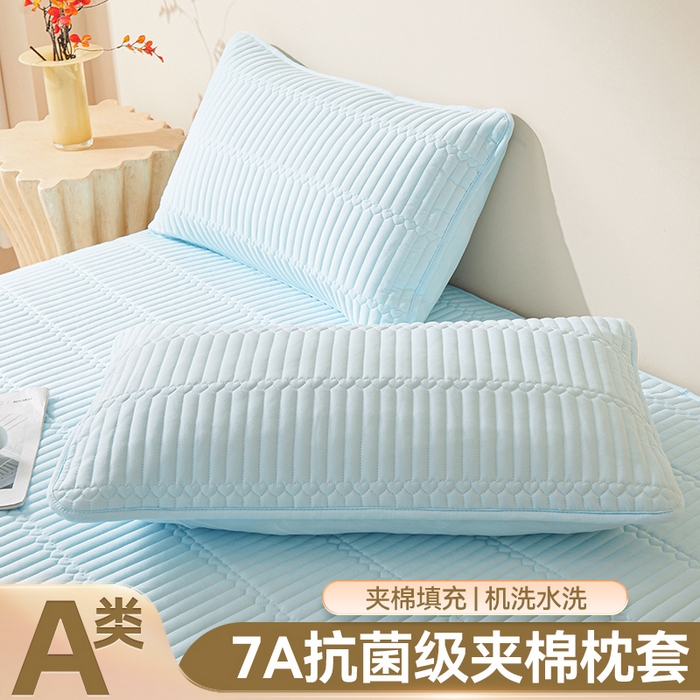 91家纺网 家纺一手货源 找家纺 雯豆家纺 2025新款简爱夹棉加厚枕套单只一对装水洗棉纯色枕芯保护套 简爱-淡水蓝