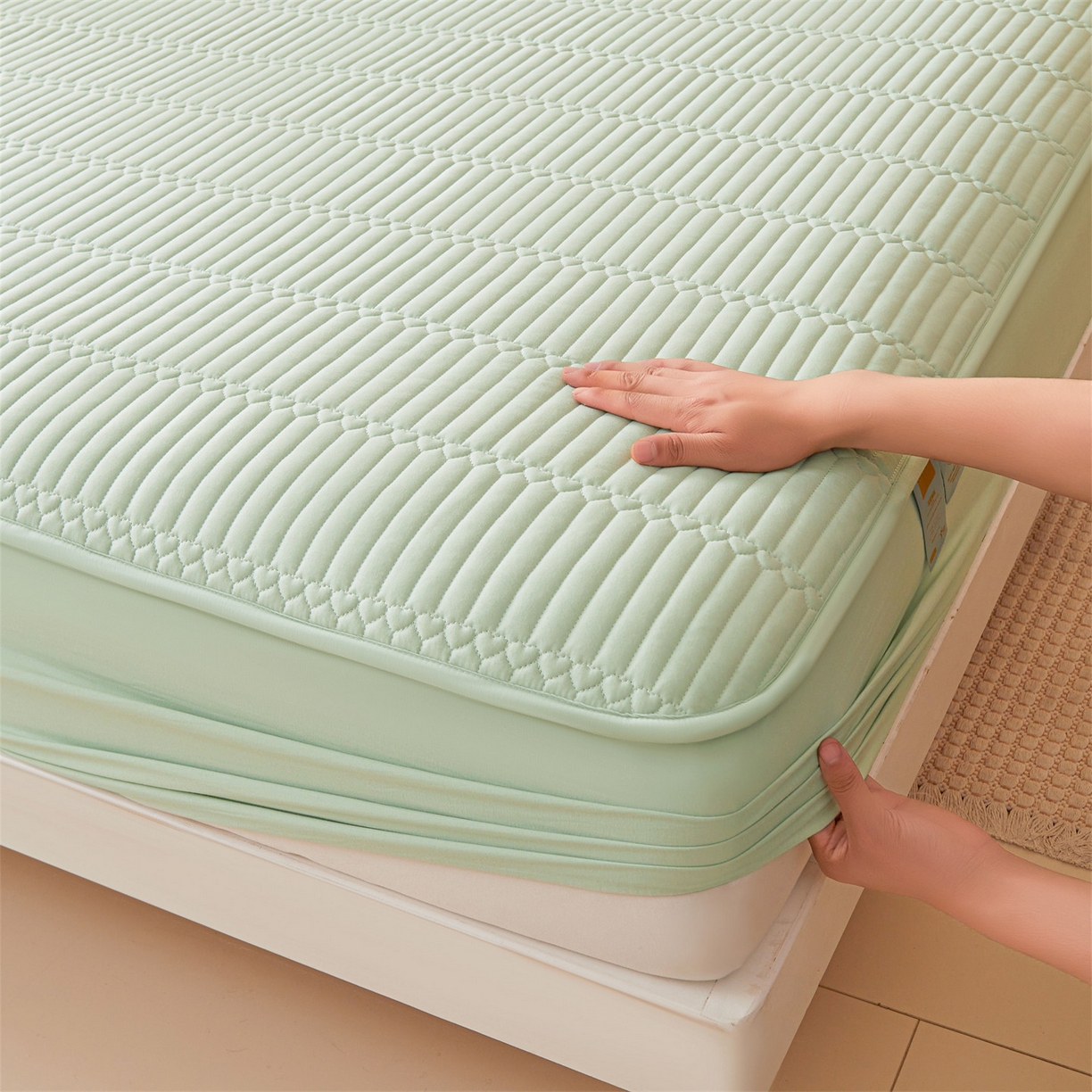 91家纺网 家纺一手货源 找家纺 雯豆家纺 2025新款简爱A类夹棉床笠三件套水洗棉磨毛床单保护套 简爱-清雅绿