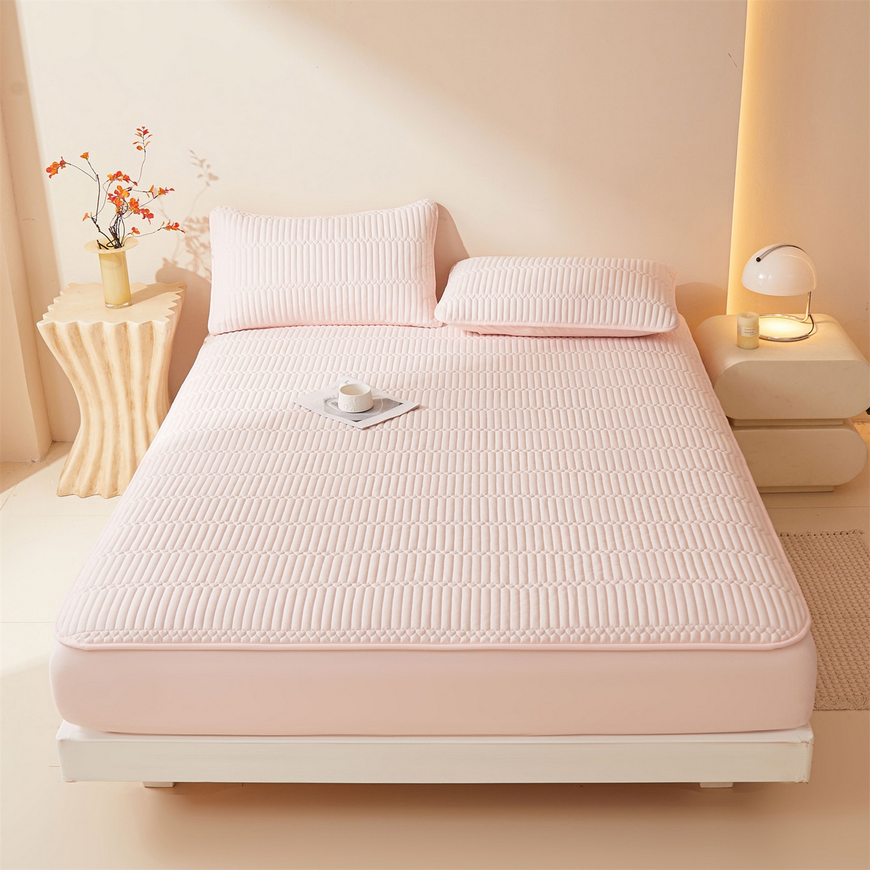 91家纺网 家纺一手货源 找家纺 雯豆家纺 2025新款简爱A类夹棉床笠三件套水洗棉磨毛床单保护套 简爱-密合粉