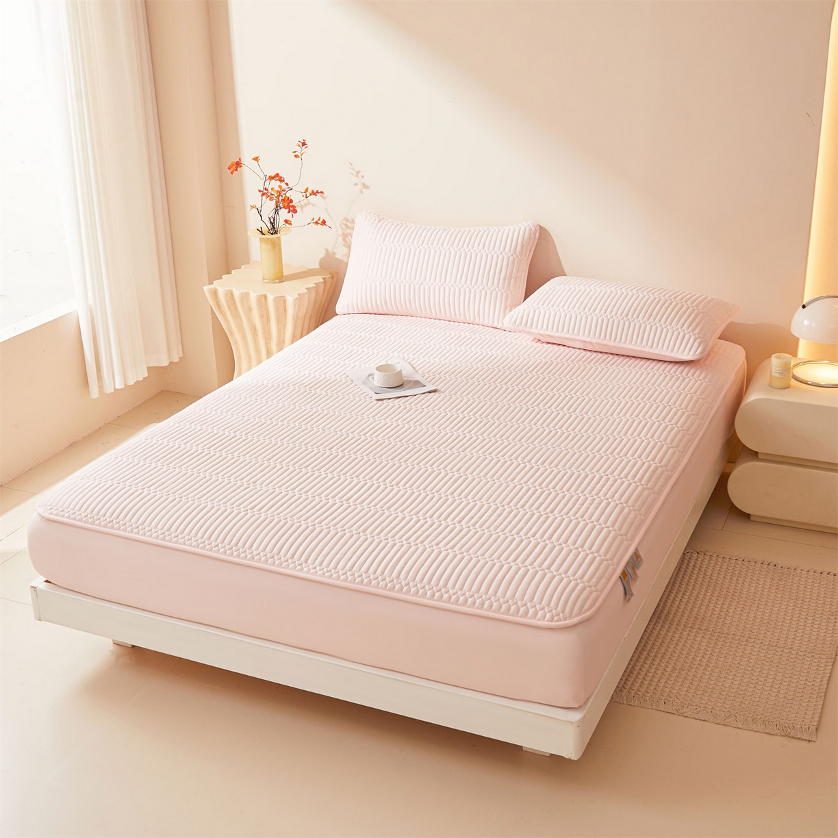 91家纺网 家纺一手货源 找家纺 雯豆家纺 2025新款简爱A类夹棉床笠三件套水洗棉磨毛床单保护套 简爱-密合粉