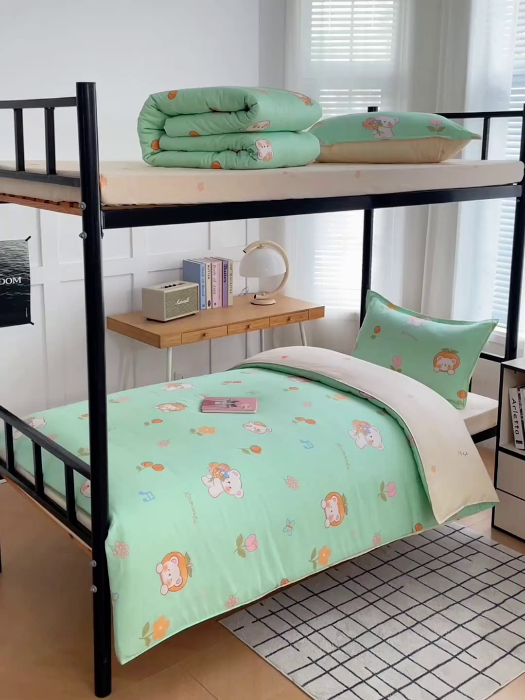 91家纺网 家纺一手货源 找家纺 锦润 2025新款印花12868全棉学生宿舍三件套纯棉六件套可爱熊仔-绿