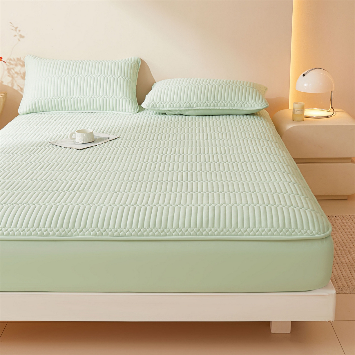 91家纺网 家纺一手货源 找家纺 雯豆家纺 2025新款简爱A类夹棉床笠三件套水洗棉磨毛床单保护套 简爱-清雅绿