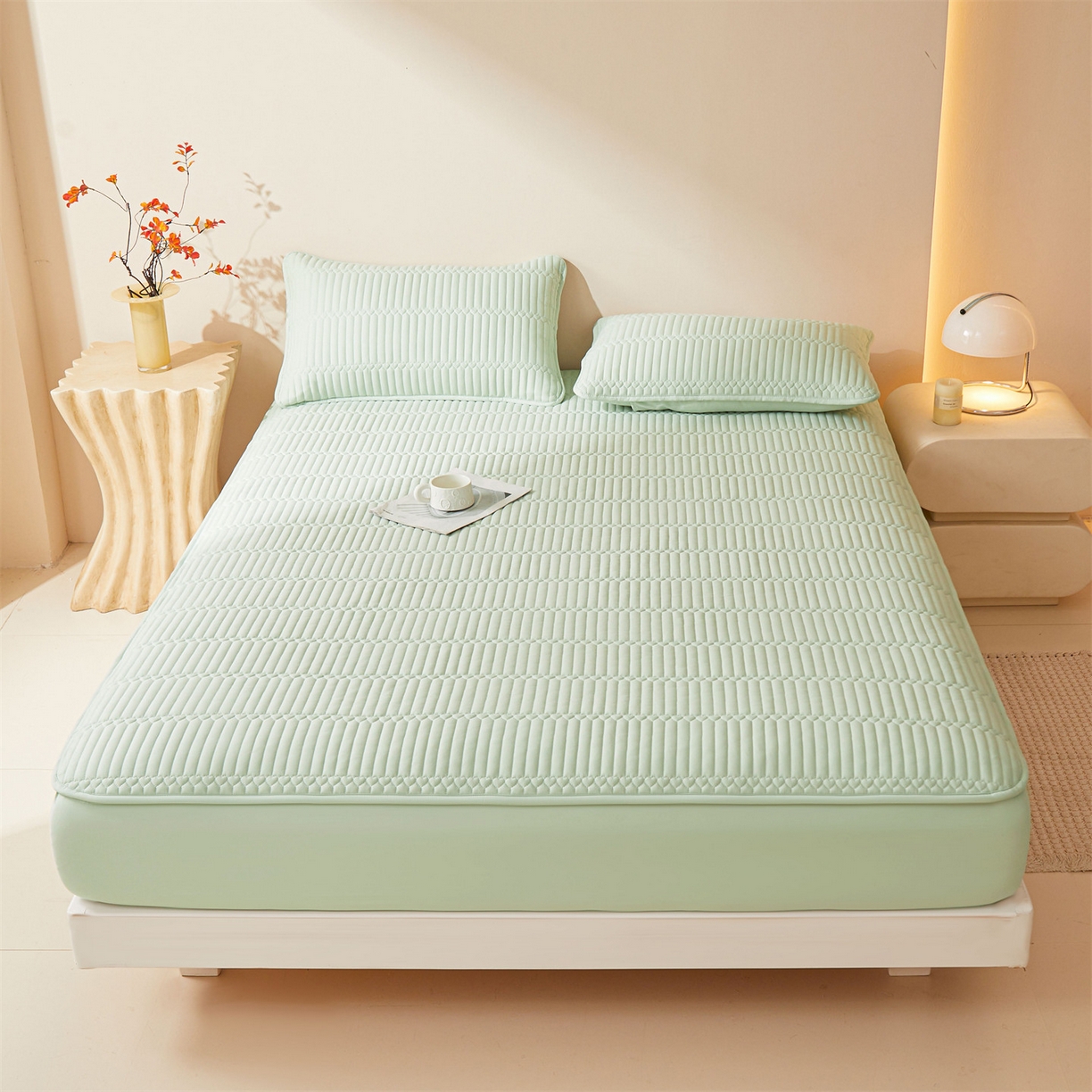 91家纺网 家纺一手货源 找家纺 雯豆家纺 2025新款简爱A类夹棉床笠三件套水洗棉磨毛床单保护套 简爱-清雅绿