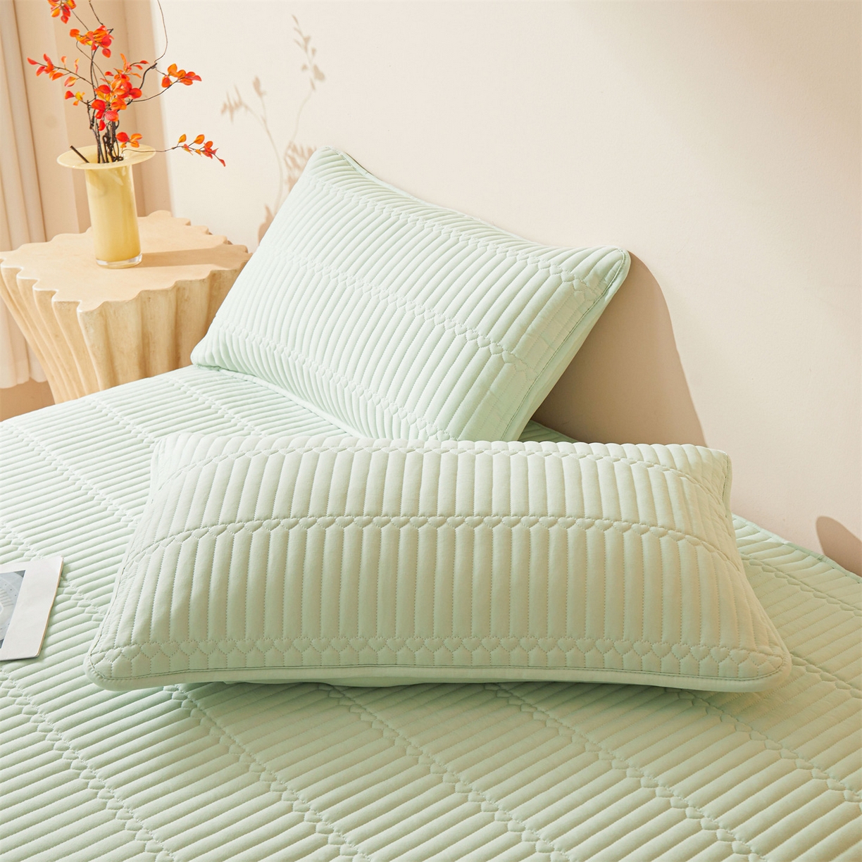 91家纺网 家纺一手货源 找家纺 雯豆家纺 2025新款简爱A类夹棉床笠三件套水洗棉磨毛床单保护套 简爱-清雅绿