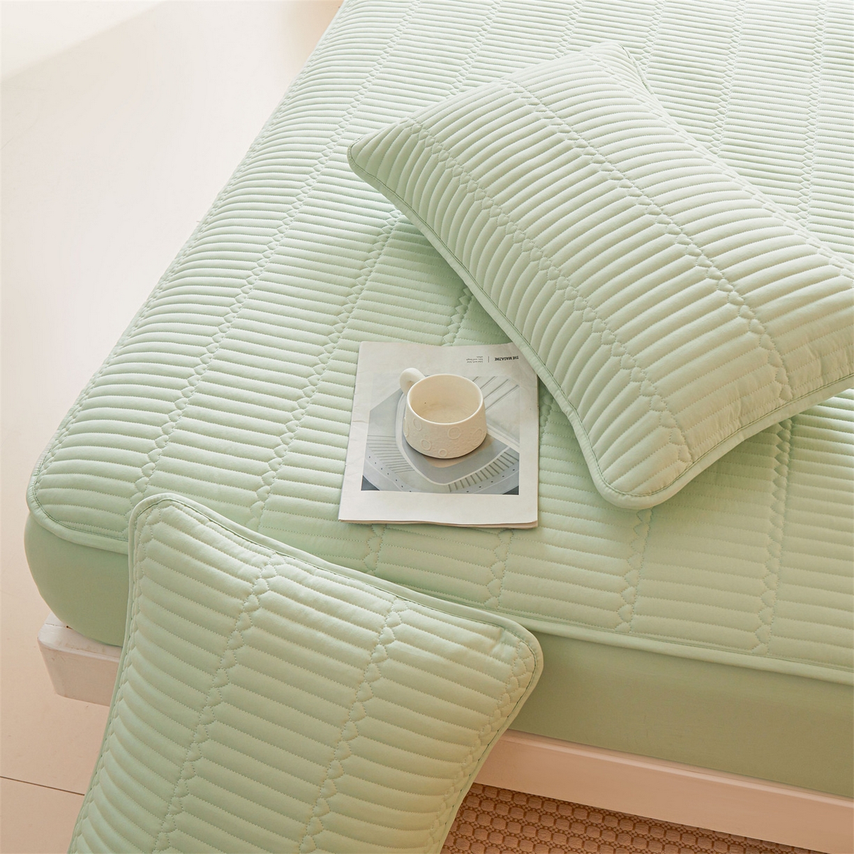 91家纺网 家纺一手货源 找家纺 雯豆家纺 2025新款简爱A类夹棉床笠三件套水洗棉磨毛床单保护套 简爱-清雅绿