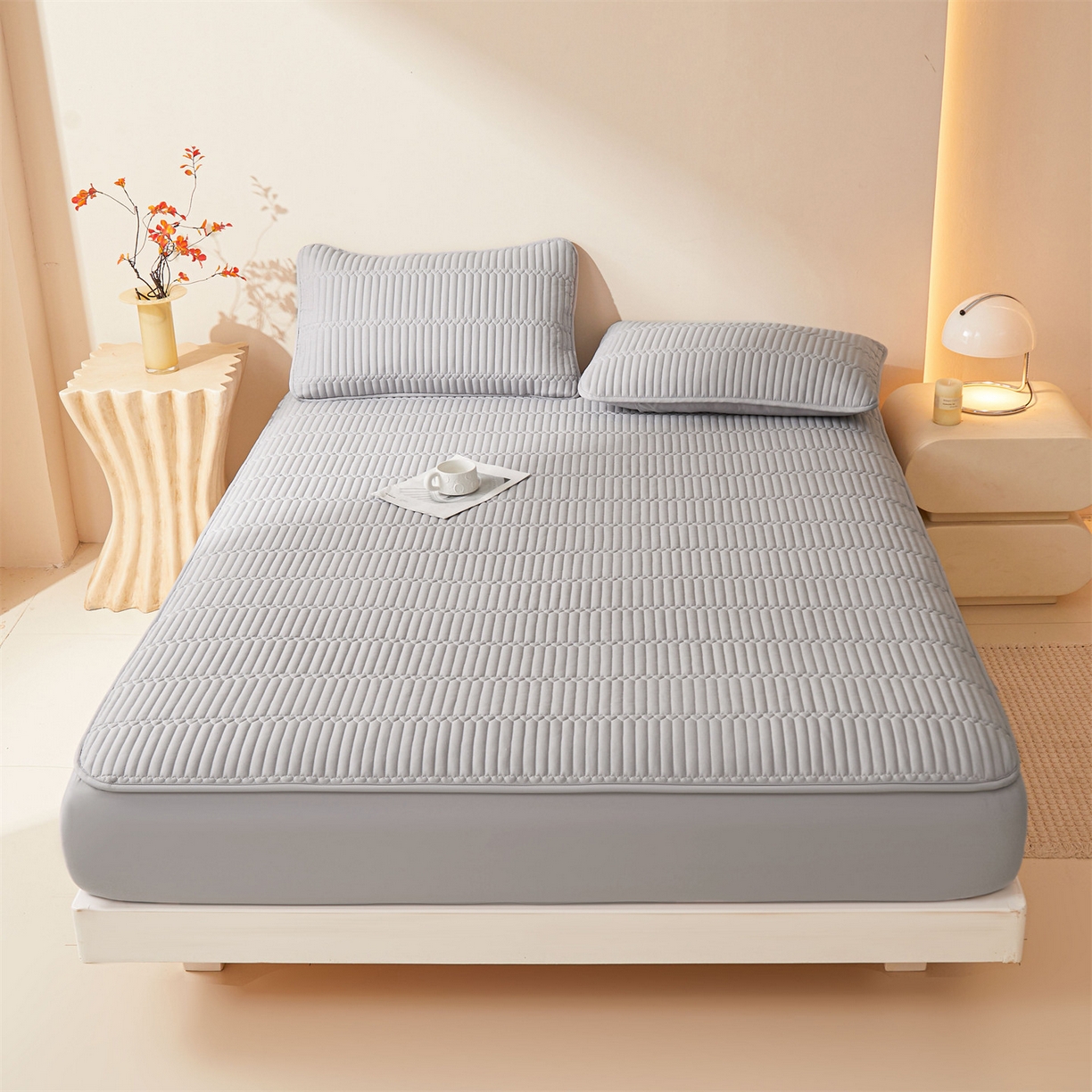 91家纺网 家纺一手货源 找家纺 雯豆家纺 2025新款简爱A类夹棉床笠三件套水洗棉磨毛床单保护套 简爱-暮云灰