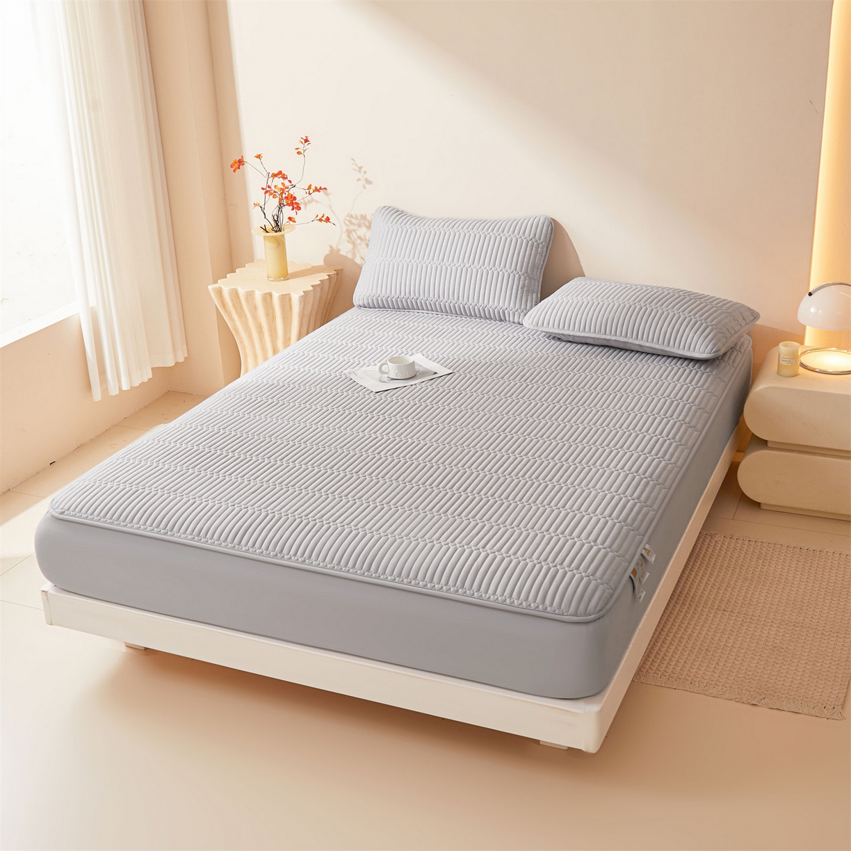 91家纺网 家纺一手货源 找家纺 雯豆家纺 2025新款简爱A类夹棉床笠三件套水洗棉磨毛床单保护套 简爱-暮云灰