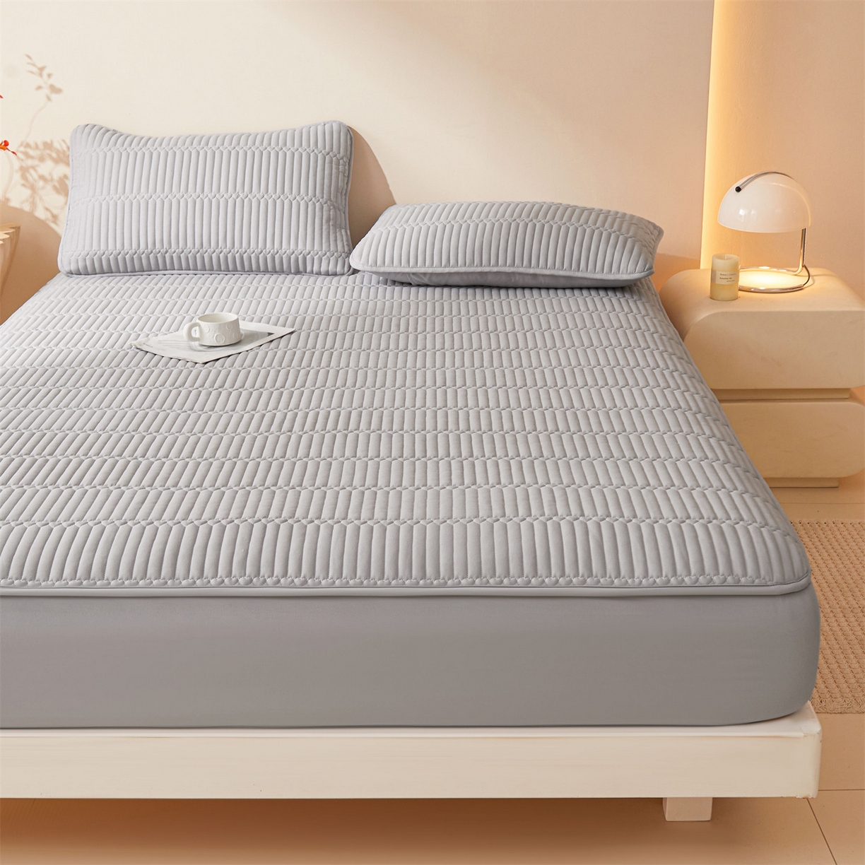 91家纺网 家纺一手货源 找家纺 雯豆家纺 2025新款简爱A类夹棉床笠三件套水洗棉磨毛床单保护套 简爱-暮云灰